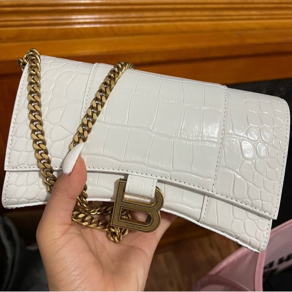 balenciaga hour glass wallet on chain bag white